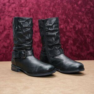 Josef Seibel Women Sanja Black Leather Moto Biker Mid Calf Boots sz 9.5US EUR40